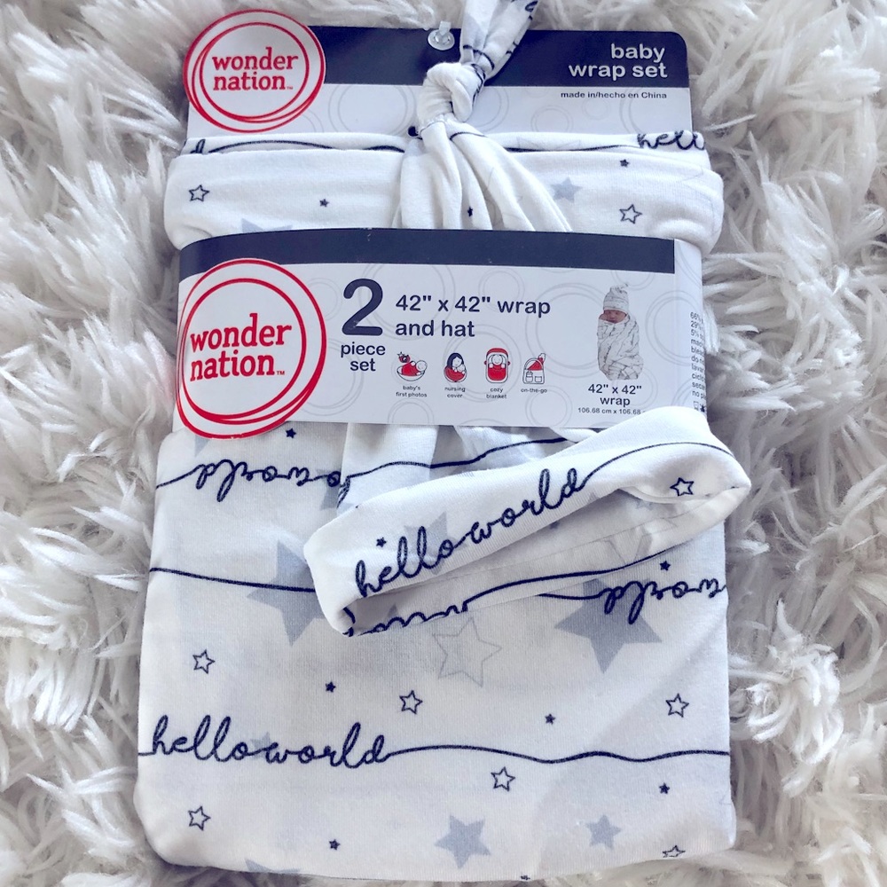 Newborn wrap/swaddle/receiving blanket & hat set